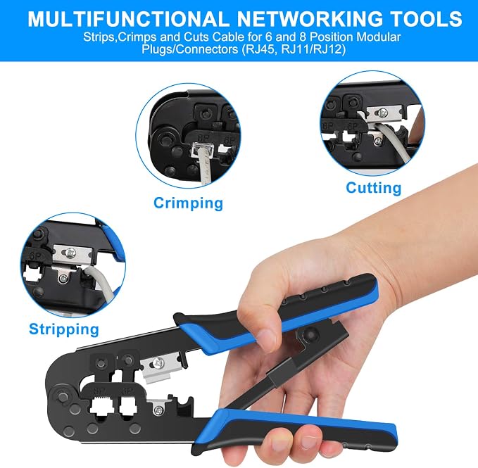 RJ45 Crimping Tool Kit Ethernet Crimp Set, 8P/RJ-45 Crimp, Cut and Strip - Image 2