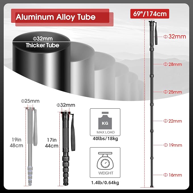 TONYBOO 68.5” Aluminum Camera Monopod, Lightweight & Portable, 5-Section Travel - Image 2
