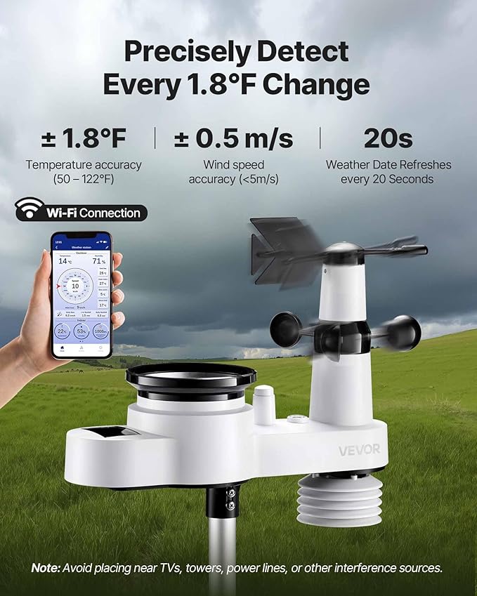 VEVOR 5-in-1 Wi-Fi Weather Station, 7.5-Inch VA Display, Wireless Solar Powered - Image 3