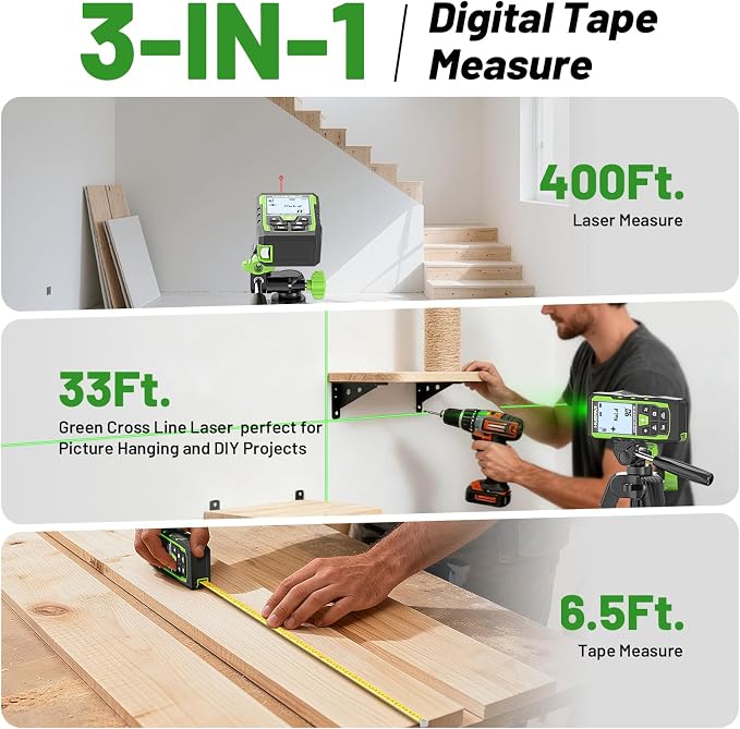Huepar 3-in-1 Laser Measuring Tool, 400Ft Laser Measure & 33Ft Green Cross Line - Image 2