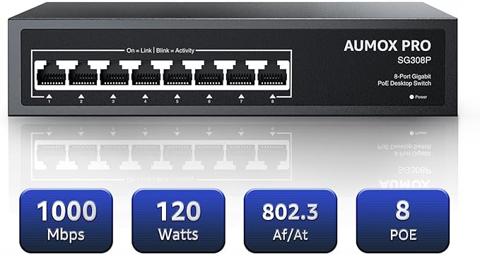 8 Port PoE Switch Gigabit 120W, Gigabit Unmanaged Ethernet Switch, Plug & Play by AUMOXPRO