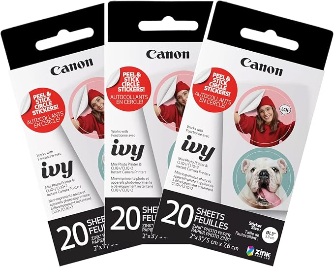 Canon Ivy Zink Pre-Cut Circle Sticker Paper 20 Sheets Pack Compatible by Canon