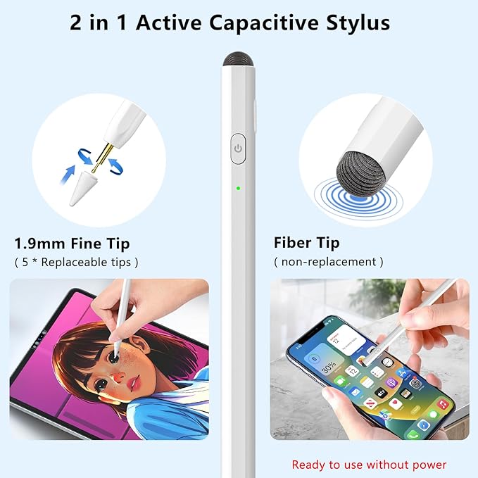 Stylus Pen for iPad, 2 in 1 Active and Capacitive Apple Pen, Fast Charge for - Image 2