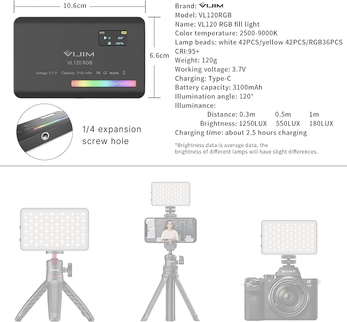 VIJIM VL120 RGB Video Light, Portable LED Camera Light Panel 0-360 Full Color - Image 7