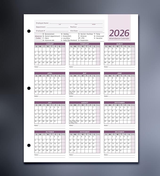 Attendance Calendar Employee Card Attendance Record Tracker 2026, Heavy 100lb - Image 3