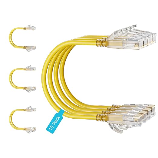 Cat6 Slim Patch Cables 5 Feet 10-Pack Yellow, Cat6a Patch Cables 10Gbps 550MHz by Unknown