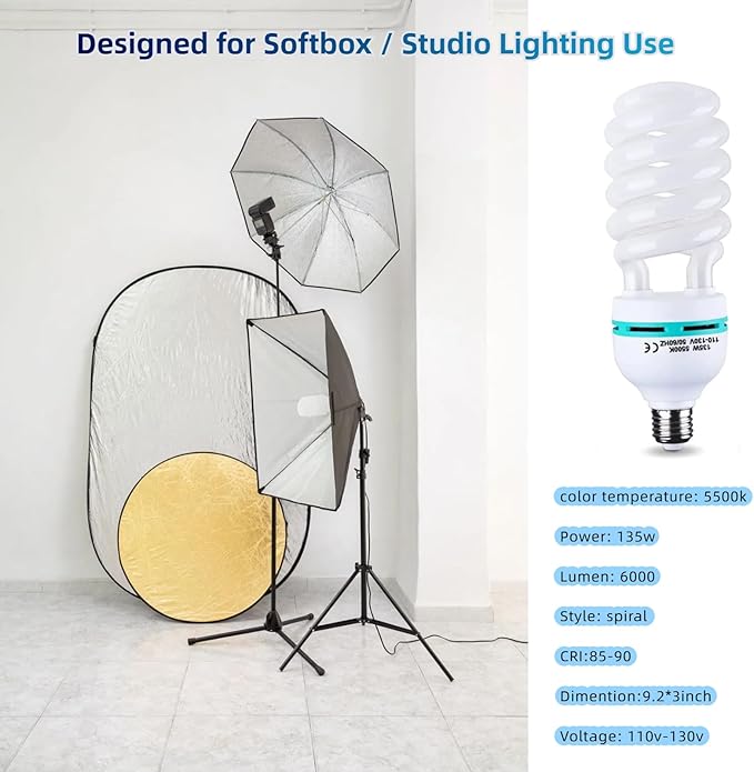 135W Light Bulb 5500K CFL Daylight Spiral Softbox Lighting Kit Bulb in E27/E26 - Image 2
