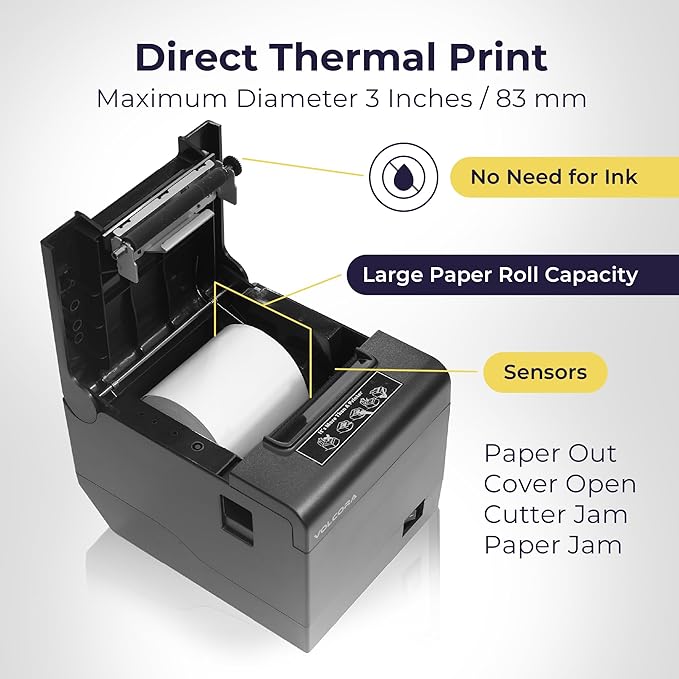 Volcora Thermal Receipt Printer, 80mm POS Printer w/Auto Cutter, USB/Ethernet - Image 4