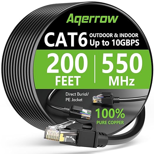 Aqerrow Cat6 Ethernet Cable 200FT, Outdoor Direct Burial Cat 6 Cable 24AWG High by EthernetCable