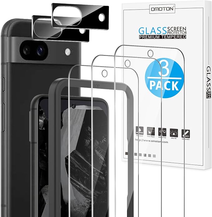 OMOTON 3+2 Pack for Google Pixel 8a Screen Protector, 3 Pack Tempered Glass by OMOTON