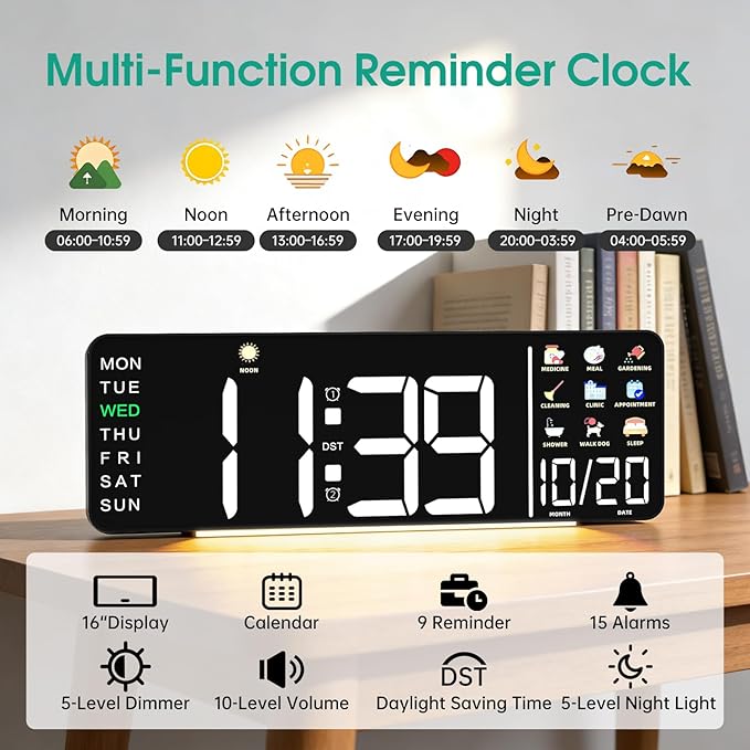 Hoifen Clock with Day and Date for Seniors, Remote Control, Night Light - Image 3