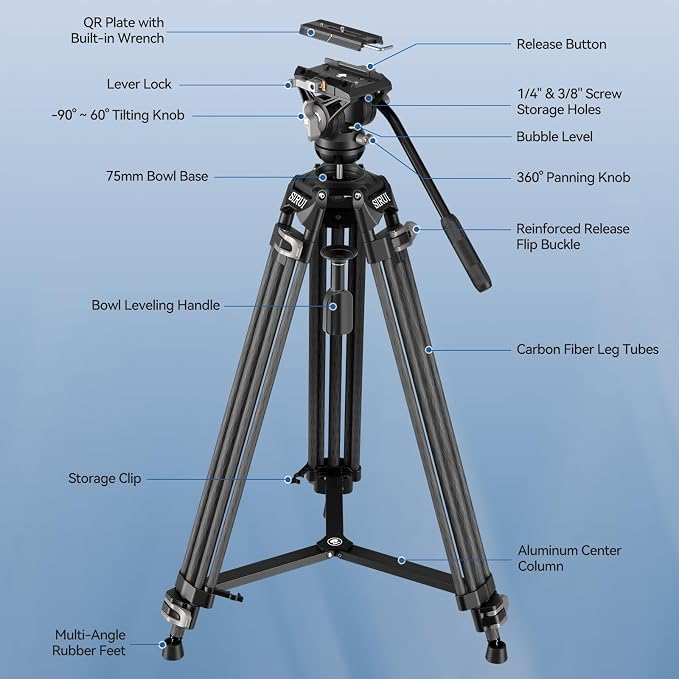 SIRUI Quick Release Carbon Fiber Video Tripod, Professional - Image 3
