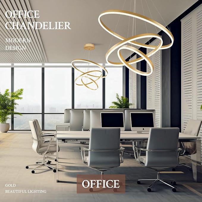 3-Rings Modern LED Chandelier Gold, Dimmable Pendant Lighting - Image 4