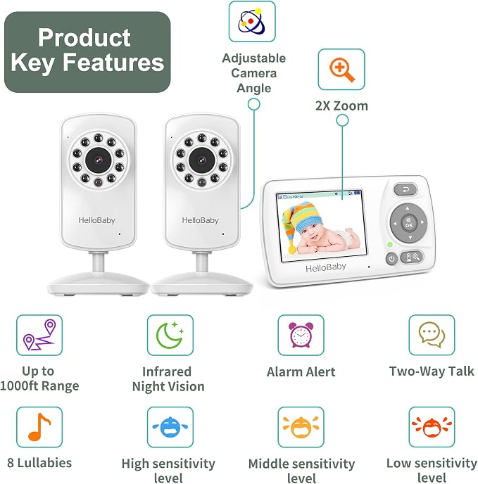 HelloBaby Monitor with 2 Cameras, 2.4'' Portable Travel Screen Baby Monitor No - Image 2