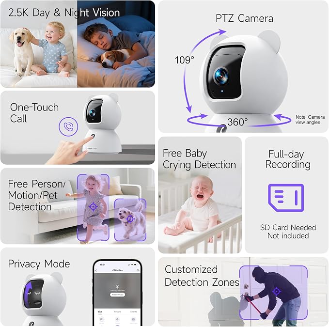 2.5K Indoor Camera 2pack, Free AI Person/Pet/Cry Detection, 4MP - Image 2
