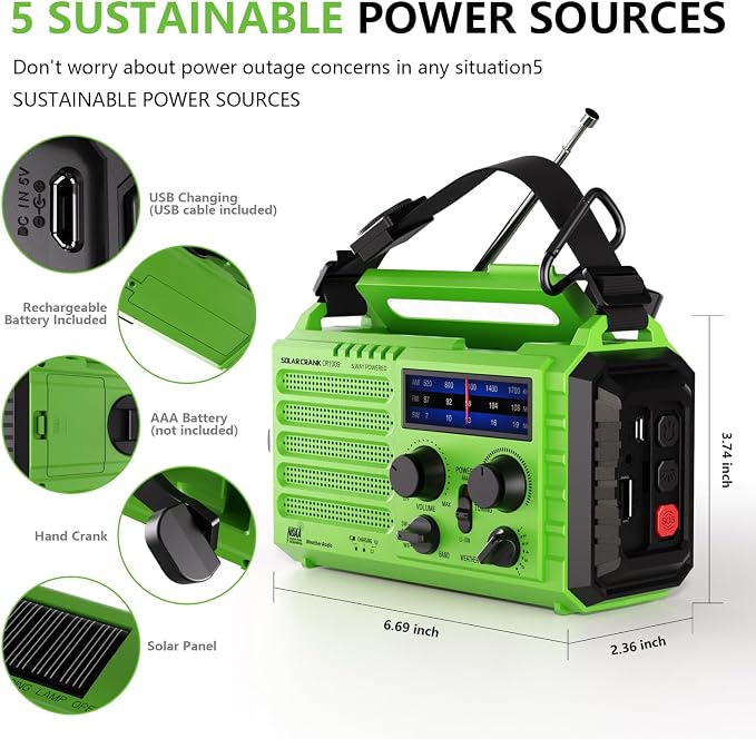 NOAA-Certified Emergency Weather Radio, AM/FM Portable Solar Hand Crank Powered - Image 3