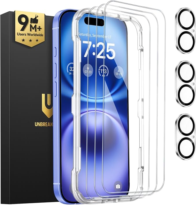 UNBREAKcable iPhone 16 Screen Protector 3-Pack, Upgraded Dual-Tempered Glass + by UNBREAKcable