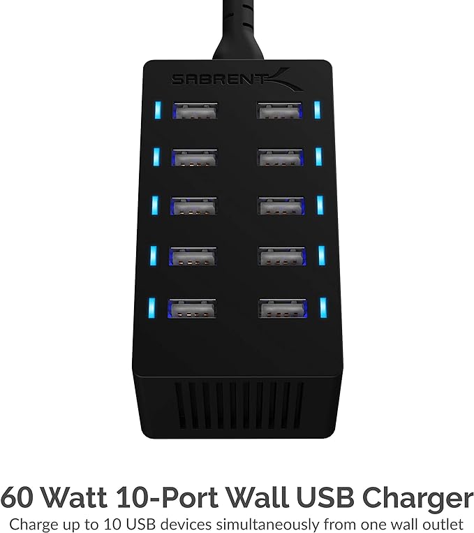 Sabrent 60 Watt 10-Port Family-Sized Desktop USB Rapid Charger. Smart USB Ports - Image 3