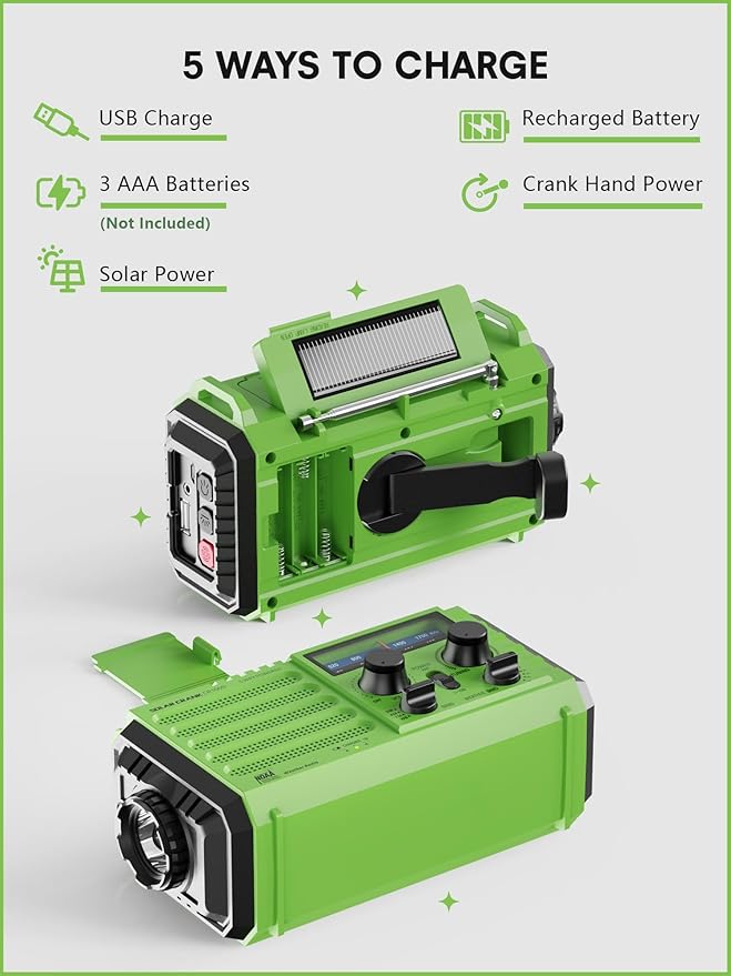 Raynic Weather Radio, 5000mAh/18500mWh Solar Hand Crank Emergency Radio - Image 4