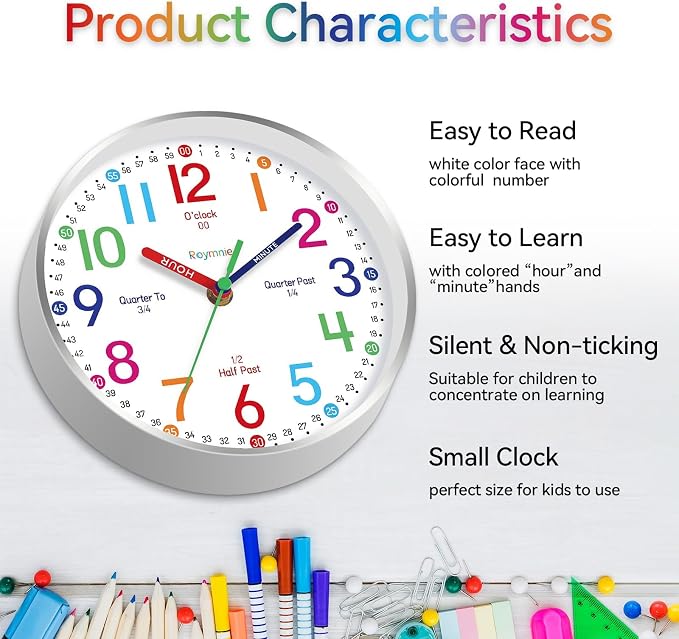 Roymnie 14 Inch Wall Clock for Kids Learning to Tell Time, Modern Silent - Image 6