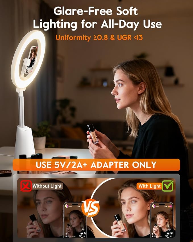 Ring Light for Makeup and Video Recording, Touch Control, Dimmable LED Selfie - Image 2