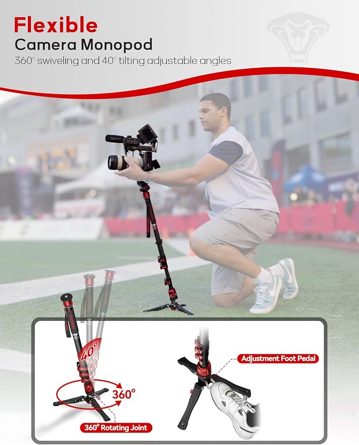 IFOOTAGE Monopod Cobra 3 C180F-P, 1/4'' & 3/8'' Quick Release Compatible - Image 6