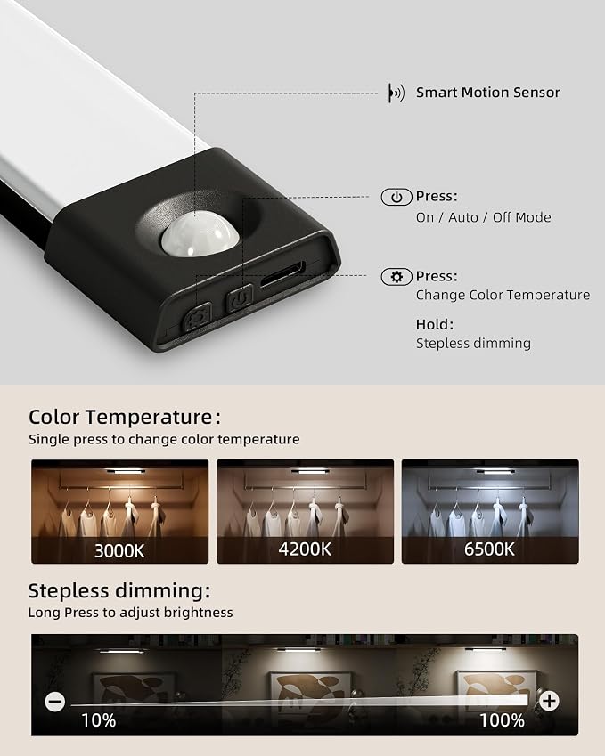 EZVALO Under Cabinet Lighting, Wireless Closet Lights, 50 LED Rechargeable - Image 3