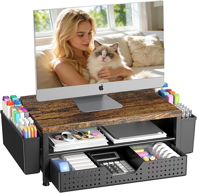 OPNICE Wood Desk Organizers and Accessories, 2-Tier Computer Monitor Stand Riser by OPNICE
