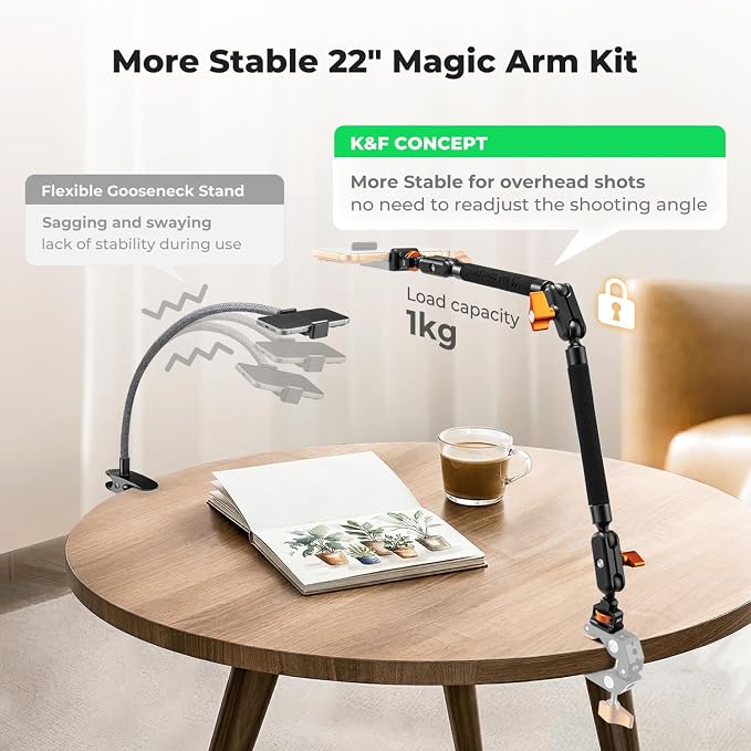 K&F CONCEPT 22" Magic Arm, Overhead Desk Camera Arm Mount, Long Articulating - Image 3