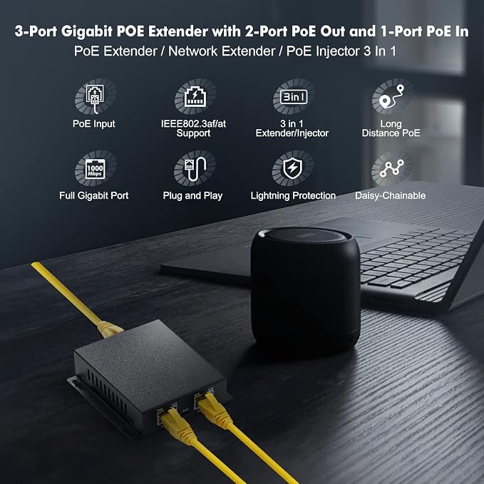 Binardat Gigabit PoE Extender Passthrough Switch, 1 in 2 Out, IEEE802.3af/at - Image 2