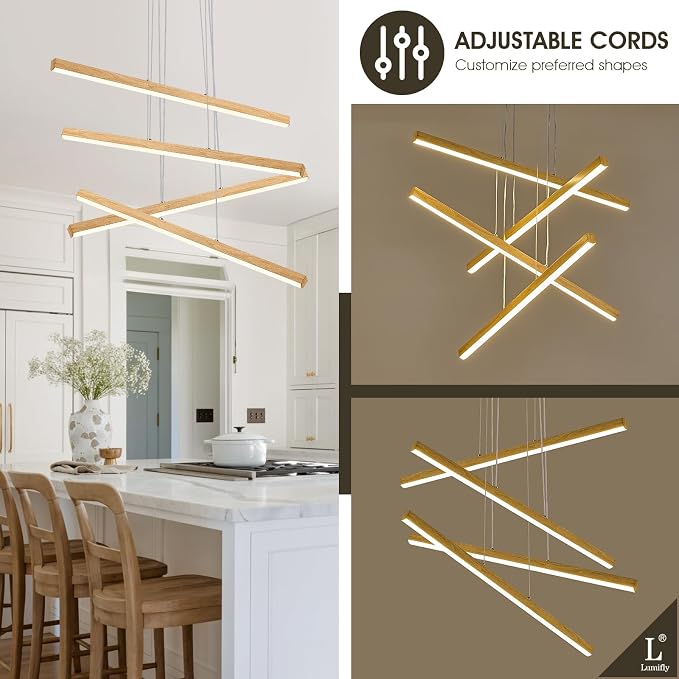 Linear Pendant Light for Dining Room Oak Wood Grain Finish LED 4 Light - Image 7