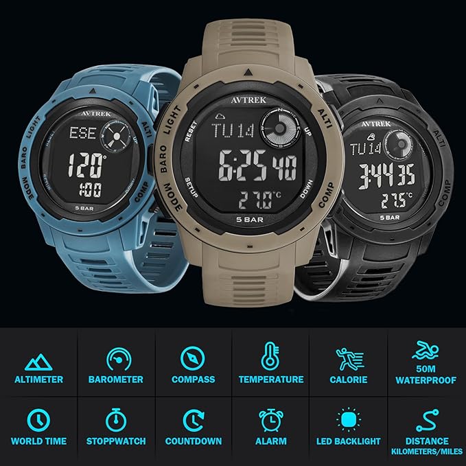 AVTREK Tactical Watch with Compass, 50M Waterproof Pedometer, Digital Altimeter - Image 2