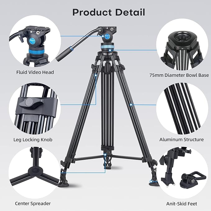 SIRUI AM-25S Video Tripod, 74.8" Professional Heavy Duty Tripod - Image 2
