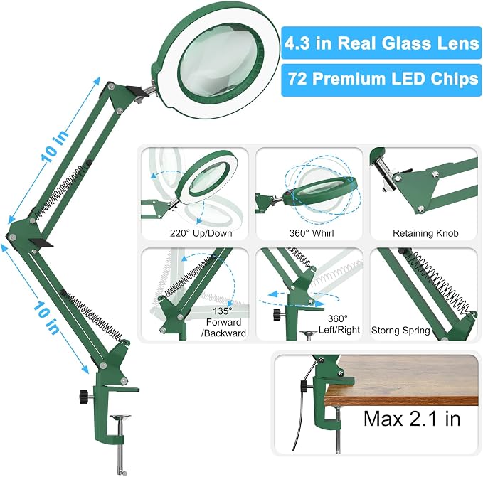 10X Magnifying Glass with Light and Clamp, Real Glass Stand Lighted Magnifier - Image 5