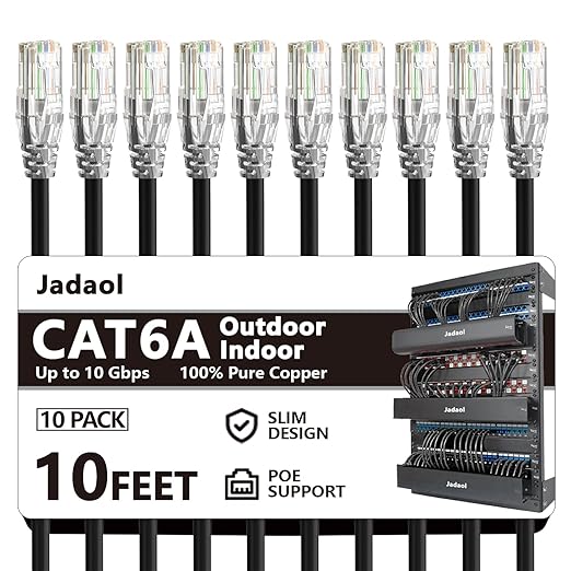 Jadaol Cat6a Ethernet Cable 10 ft 10 Pack, Slim 10G 550MHz 28AWG Patch Cable by Jadaol