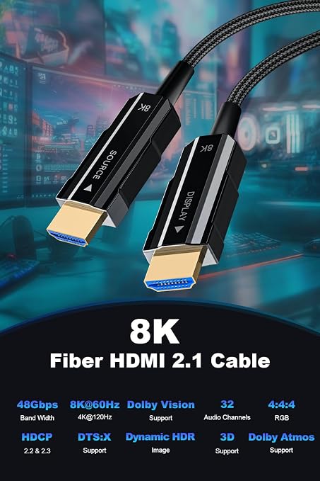 8K Long HDMI 2.1 Cable 75ft, Fiber Optic HDMI Braided Cord, High Speed Active - Image 3