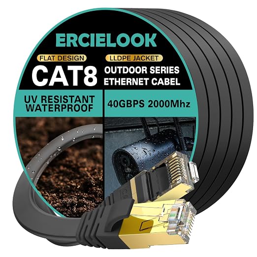 Ercielook CAT8 Ethernet Cable 100 ft High Speed, Shielded Flat Internet Cable by Ercielook