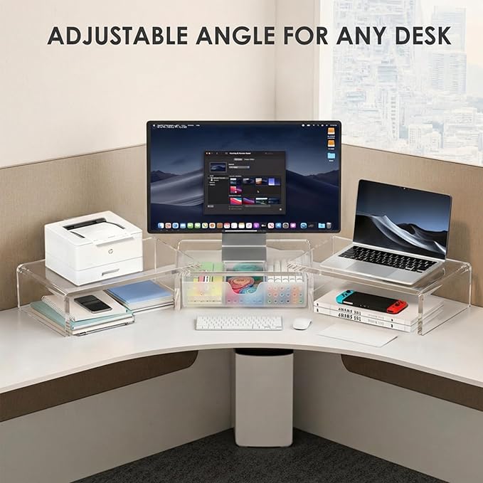OPNICE Clear Acrylic Desk Organizers and Accessories, Dual Monitor Stand Riser - Image 5