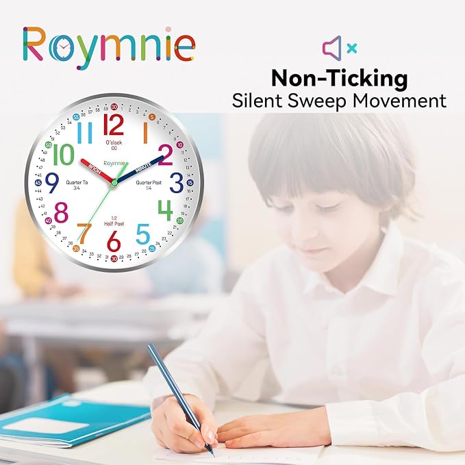 Roymnie Wall Clock for Kids Learning Easily Kids Teaching Clock Silent Non - Image 3