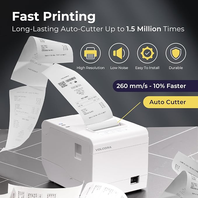 Volcora Thermal Receipt Printer, 80mm POS Printer w/Auto Cutter, USB/Ethernet - Image 3