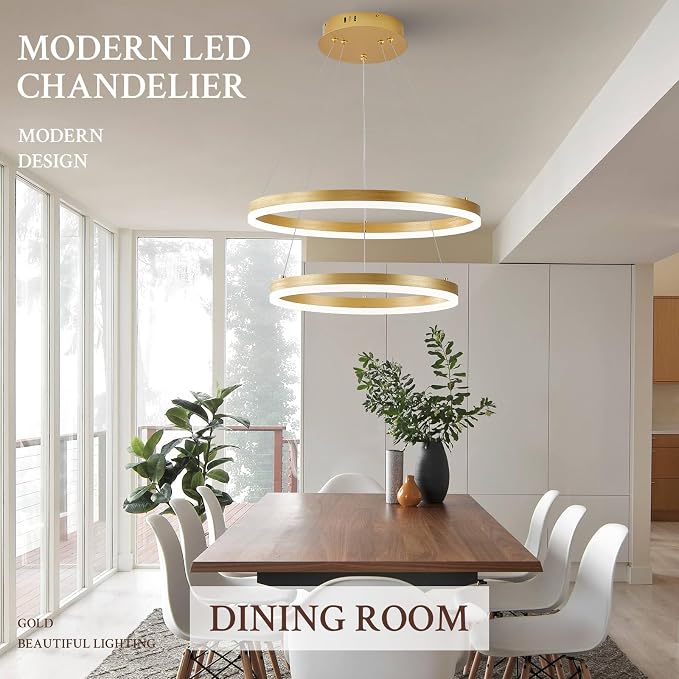 Modern LED Chandelier Gold 2-Rings Pendant Light Circular Flush Mount Ceiling - Image 5