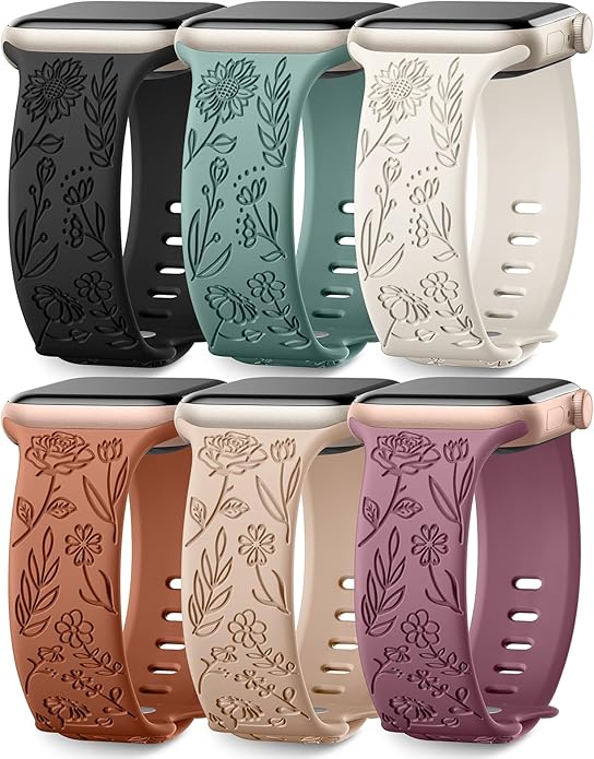 SNBLK 6 Pack Floral Engraved Bands Compatible by SNBLK
