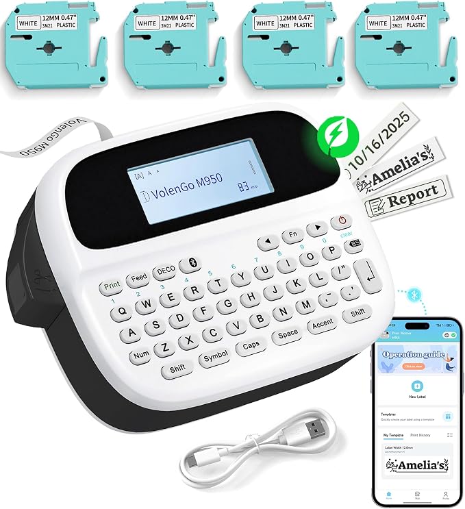 Label Maker Machine with 4 Tapes, Rechargeable Backlit Bluetooth Label Maker by HOME