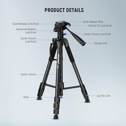 NEEWER Basics TP05 74" Video Tripod Monopod, 3 Way Pan Tilt Head Phone Holder - Image 7