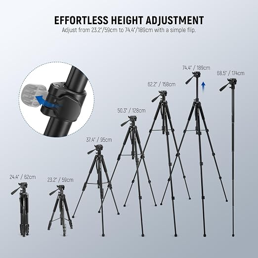 NEEWER Basic 74" Video Tripod Monopod, 3 Way Pan Tilt Head, Overhead Camera - Image 4