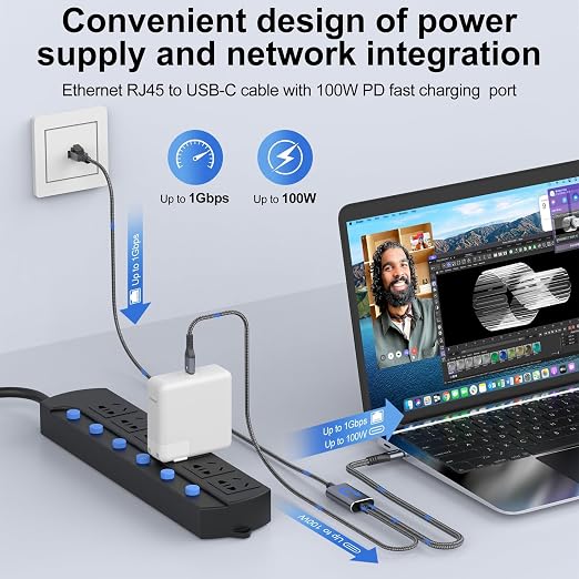USB C to Ethernet Cable with Charging 15 Feet, USB-C Male 100W PD & Gigabit LAN - Image 3