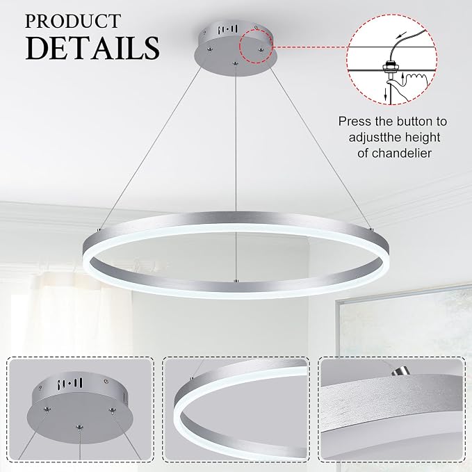 Modern LED Pendant Lighting Ring Chandelier Silver Dimmable LED Chandelier - Image 3