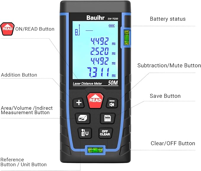 Laser Measure, Bauihr 165ft Laser Distance Meter, Portable Laser Measurement - Image 2