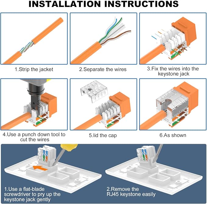VCE UL Listed Cat6 RJ45 Keystone Jack Insert 25-Pack, 90 Degree Punch Down - Image 8