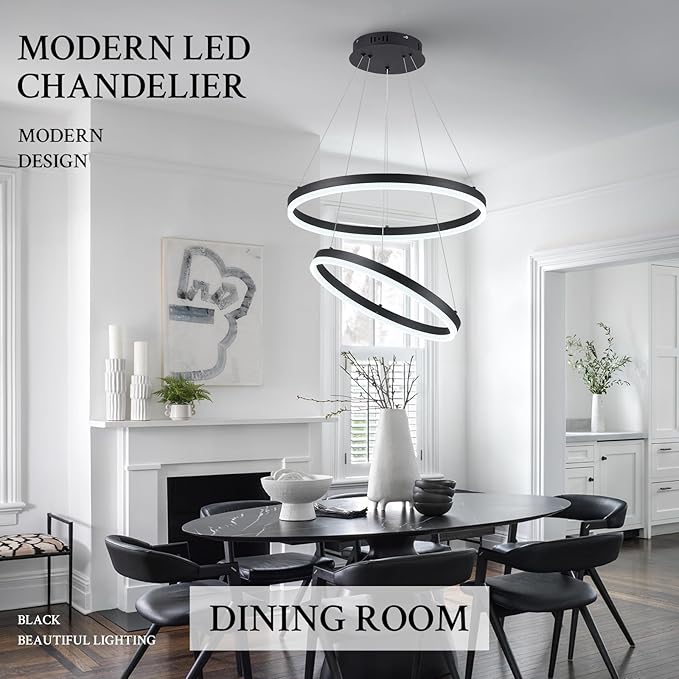 Modern LED Chandelier Black 2-Rings Pendant Light Circular Flush Mount Ceiling - Image 6